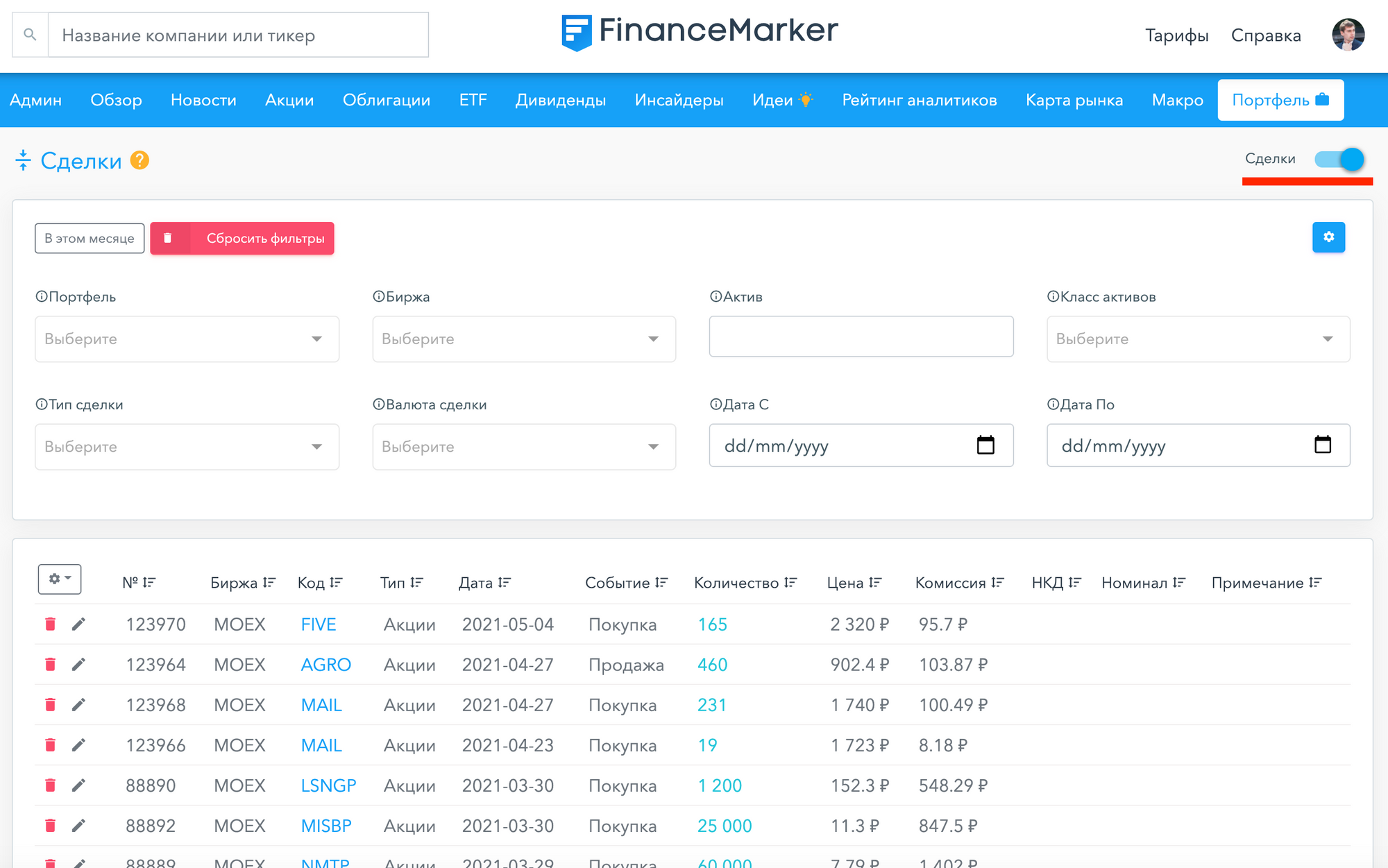 Список сделок по портфелю на hit.finance