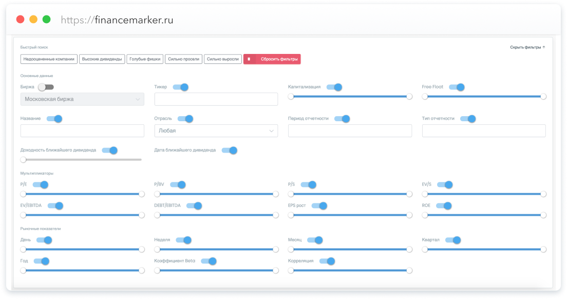 hit.finance - скринер акций компаний РФ и США. Мультипликаторы.